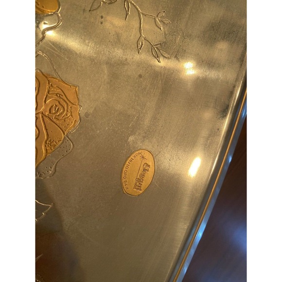 SIGNED Signature Elegant Gold 24k Plated(?) Metal Tray w/ Rose Flower Motif - Picture 4 of 8